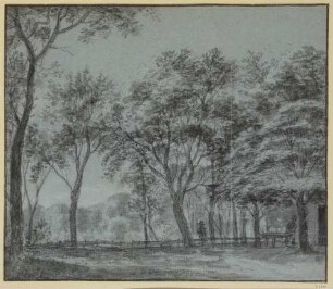 Baumreiche Landschaft, vorn ein Mann und eine Frau