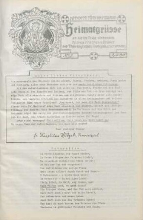 29.1918: Heimatgrüsse an die im Felde stehenden Patres, Fratres u. Brüder der Thüringischen Franziskanerprovinz