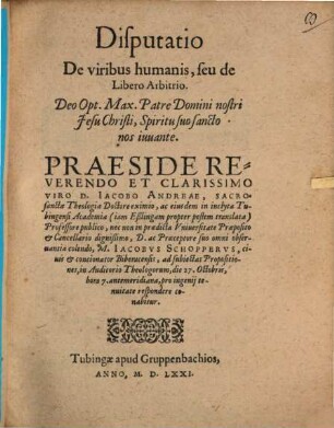 Disputatio De viribus humanis, seu de Libero Arbitrio
