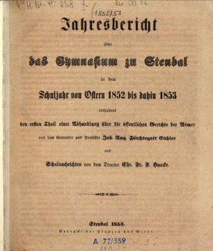Jahresbericht über das Gymnasium zu Stendal : in dem Schuljahr ... 1852/53