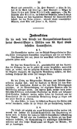 Instruktion für die nach dem Erlasse des Reorganisations-Commissarius General-Major v. Willisen vom 10. April 1848 bestellten Commissarien