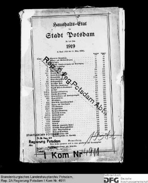 Haushaltsplan der Stadt Potsdam für das Rechnungsjahr 1919