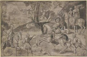Reiherbeize, in der Mitte eine Dame zu Pferde