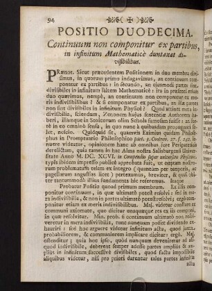 94-99, Positio Duodecima. Continuum non componitur ex partibus, in infinitum Mathematicè duntaxat divisibilibus