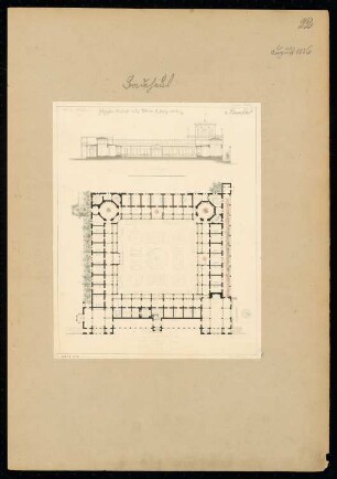 Badehaus Monatskonkurrenz August 1836: Grundriss Erdgeschoss, Querschnitt mit Aufriss Hofansicht des linken Flügels; Maßstabsleiste