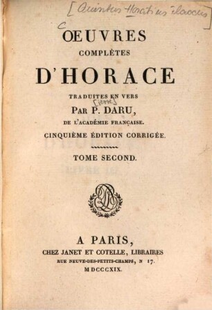 Oeuvres complètes d'Horace, 2. [Odes, Epodes, Chant séculaire]