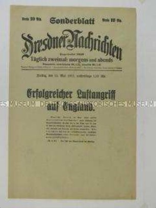 Nachrichtenblatt der Tageszeitung "Dresdner Nachrichten" über einen Luftangriff auf England