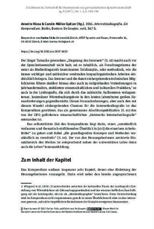 Annette Klosa & Carolin Müller-Spitzer (Hg.). 2016. Internetlexikografie. Ein Kompendium. Berlin, Boston: De Gruyter. xviii, 347 S. [Rezension]