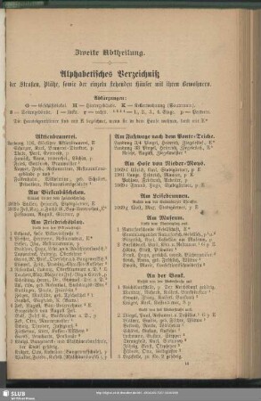 Zweite Abtheilung. Häuserbuch : Zweite Abtheilung. Alphabetisches Verzeichniß der Straßen, Plätze, sowie der einzeln stehenden Häuser mit ihren Bewohnern