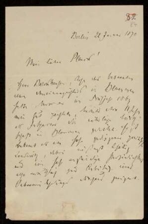 84: Brief von Rudolf von Bennigsen an Gottlieb Planck, Berlin, 22.1.1870