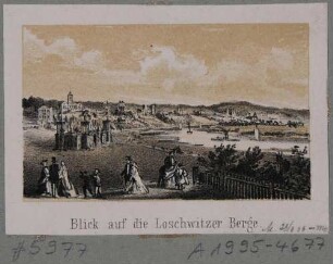 Der Festplatz des Ersten Deutschen Sängerbundfestes in Dresden vom 22. bis 25. Juli 1865 auf den Elbwiesen unterhalb des Waldschlösschens mit der Festhalle, rechts die Elbe mit den Elbschlössern und Loschwitz im Hintergrund