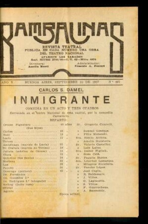 Inmigrante : comedia en un acto y tres cuadros