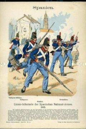 Uniformdarstellung, Voltigeur-Offizier, Voltigeure, Füsilier und Grenadiere der Linien-Infanterie, Königreich Spanien, 1812.