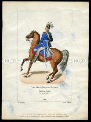 Uniformdarstellung, Subalternoffizier des 1. Garde-Dragoner-Regiments in Parade und zu Pferd, Preußen, 1861. Aus: Der Soldatenfreund.