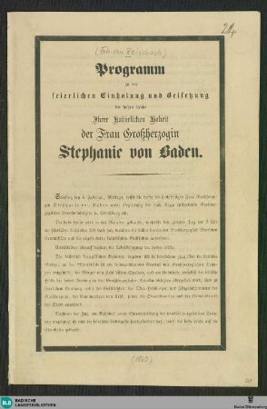 Programm zu der feierlichen Einholung und Beisetzung der ... Frau Großherzogin Stephanie von Baden