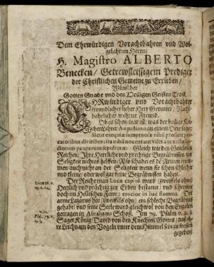 Dem Ehrwürdigen Vorachtbahren und Wolgelahrten Herrn H. Magistro Alberto Benecken [...]