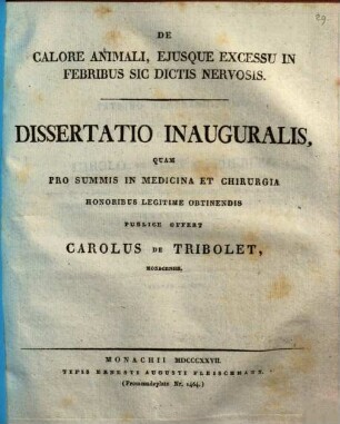 De calore animali, eiusque excessu in febribus sic dictis nervosis : Dissertatio inauguralis