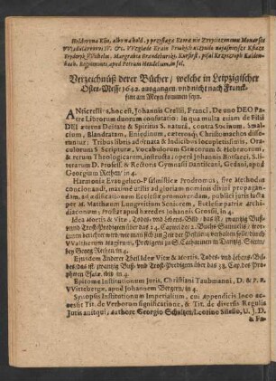 Verzeichnüß derer Bücher/ welche in Leipzigischer Oster-Messe 1642. ausgangen/ ...