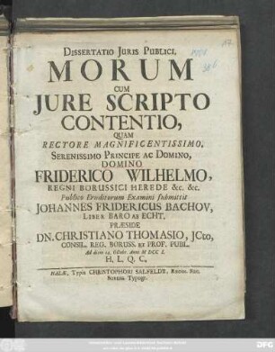 Dissertatio Juris Publici. Morum Cum Jure Scripto Contentio