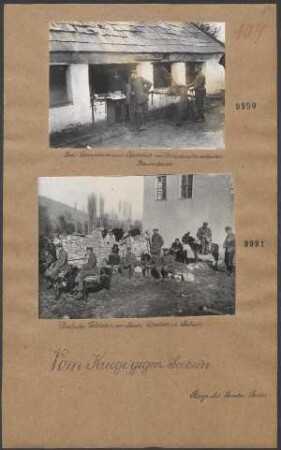 Bataillons-Schreibstube und Pferdestall im Vorraum eines serbischen Bauernhauses