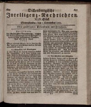 XLIV. Stück. Sonnabends: den 1. November 1777.