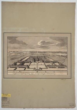 Ansicht von Schloss Hubertusburg, Kupferstich, um 1760 : Prospect des Churfürstl. Sächs. Lust- und Jagd-Schlosses Hubertusburg / Schleuen f. - [Berlin] , [um 1760]. - 1 Ansicht auf 1 Kunstbl. : Kupferst. ; 32 x 19 cm