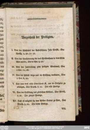Verzeichniß der Predigten.