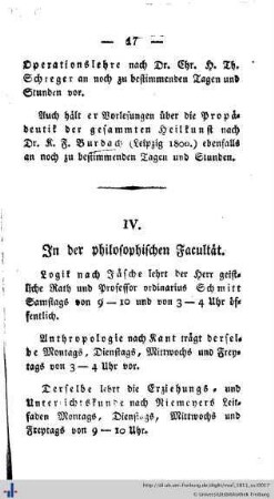 IV. In der philosophischen Facultät.