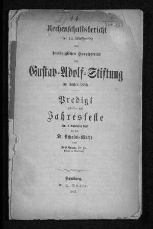1866(1867): Rechenschaftsbericht über die Wirksamkeit des Hamburgischen Hauptvereins der Gustav-Adolf-Stiftung