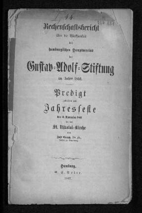 1866(1867): Rechenschaftsbericht über die Wirksamkeit des Hamburgischen Hauptvereins der Gustav-Adolf-Stiftung
