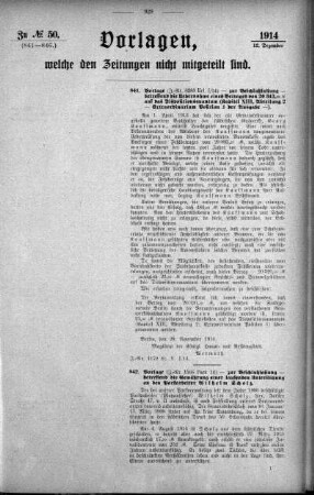 Anlage: zu No.50. (841-846.), Vorlagen, welche den Zeitungen nicht mitgeteilt sind