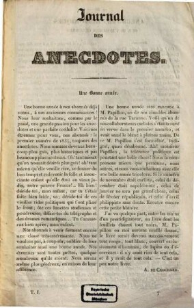 Journal des anecdotes anciennes, modernes et contemporaines, 1. 1833/34, Livr. 3