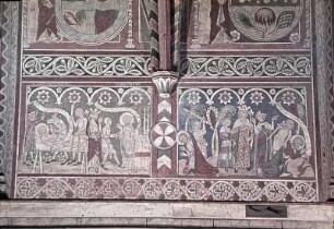 Martyrien der Heiligen Bartholomäus, Matthäus, Judas Thaddäus und Simon; oben: Scheidung von Wasser und Erde, Erschaffung der Pflanzen und von Sonne und Mond