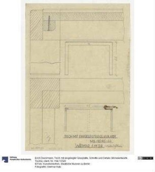 Tisch mit eingelegter Glasplatte, Schnitte und Details (Möbelentwürfe, Tische)