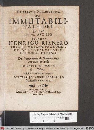 Disputatio Philosophica De Immutabilitate Dei