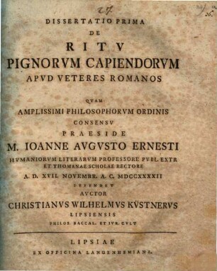 Dissertatio prima de ritu pignorum capiendorum apud veteres Romanos