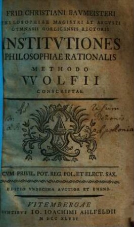 Institutiones philosophiae rationalis : methodo Wolfii conscriptae
