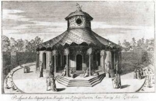Chinesisches Teehaus im Park von Schloss Sanssouci : Chinesisches Teehaus im Park von Schloss Sanssouci. Kupferstich (um 1770; J. D. Schleuen der Ältere). Potsdam, Schloss Sanssouci, Plankammer