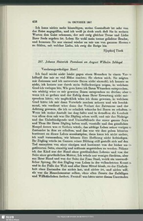 Johann Heinrich Pestalozzi an August Wilhelm von Schlegel, Yverdon-les-Bains, 14.10.1807