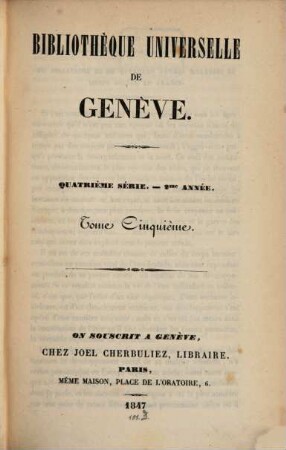 Bibliothèque universelle de Genève. 5. 1847