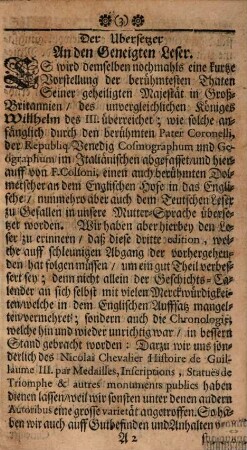 Curieuser Geschichts-Calender Der Glorwürdigsten Thaten Seiner geheiligten Majestät Willhelms des III, Königs in Groß-Britannien, Franckreich und Irrland