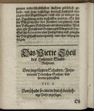 Das Vierte Theil [...]. Von zugefügten Schaden/ Iniurien und peinlichen Sachen/ und wie die zustraffen.