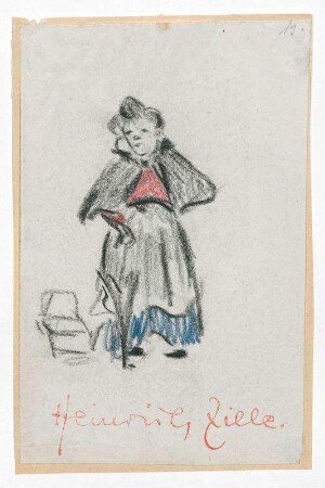 Frau mit Schirm, Cape und Schürze