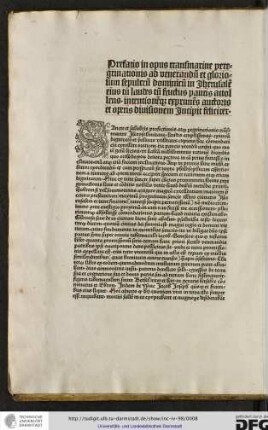 Prefatio in opus transmarine peregrinationis ad venerandum et gloriosum sepulcrum dominicum in Jherusalem eius cum laudes cum fructus paucis arrollens intentionemque exprimens auctoris et operis divisionem incipit feliciter.