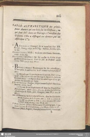 Table Alphabétique des principaux Auteurs qui ont écrit sur les Cristaux, ou qui sont cités dans cet Ouvrage à l'occasion des Cristaux