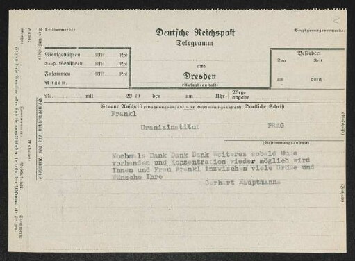 Brief von Gerhart Hauptmann an Oskar Frankl