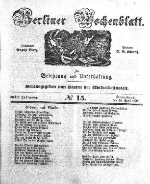 No. 15, Sonnabend, den 14. April 1838.