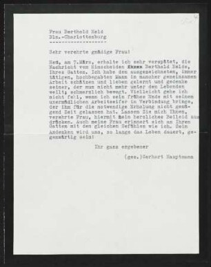 Brief von Gerhart Hauptmann an Claire Held