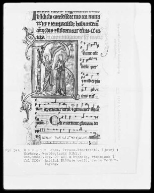 Missale — Initiale R (orate celi), darin Verkündigung, Folio 200verso