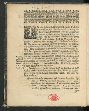 In amplissimo Legum Studio non Philosophiae solum, tam Practicae, uti vocant, quam Theoreticae, maximum ...
